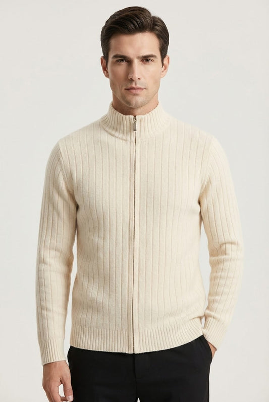 Leon Rib Zip-Up Beige | Ribbed Zip-Up Knit