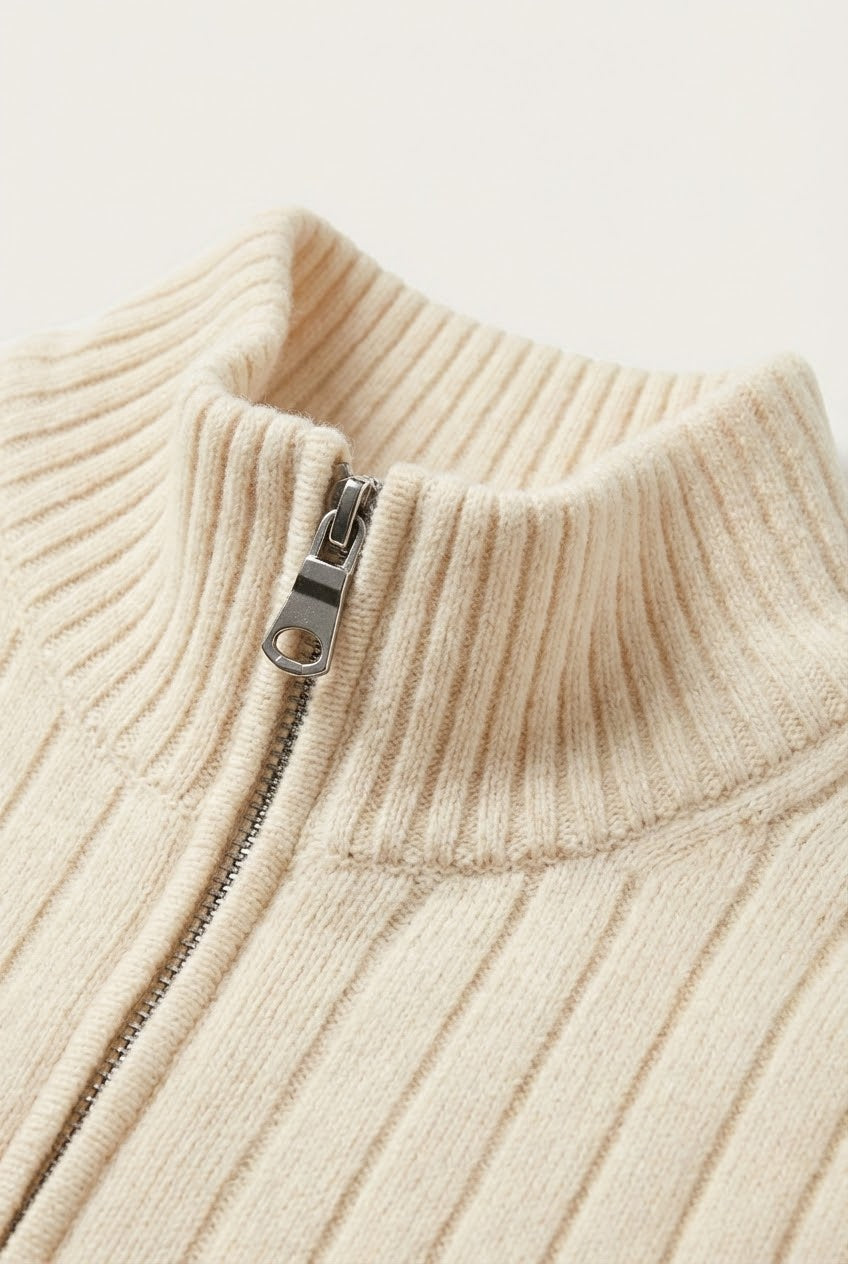 Leon Rib Zip-Up Beige | Ribbed Zip-Up Knit