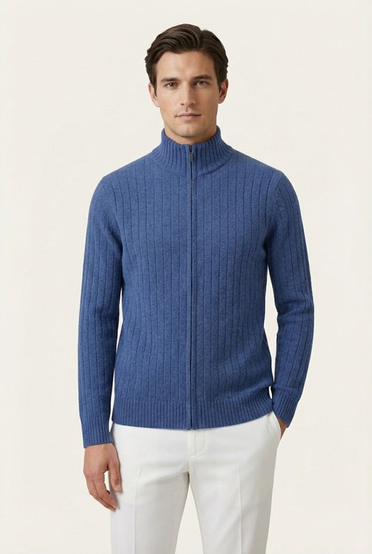 Leon Rib Zip-Up Light Blue | Ribbed Zip-Up Knit