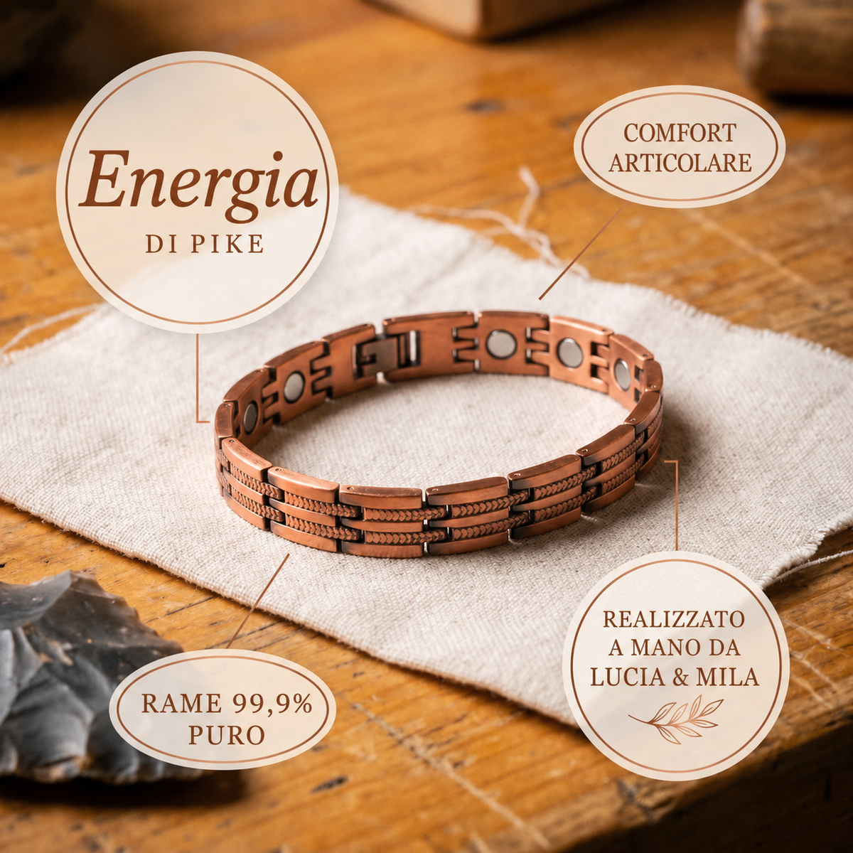 Pulsera de cobre martillado con magnete