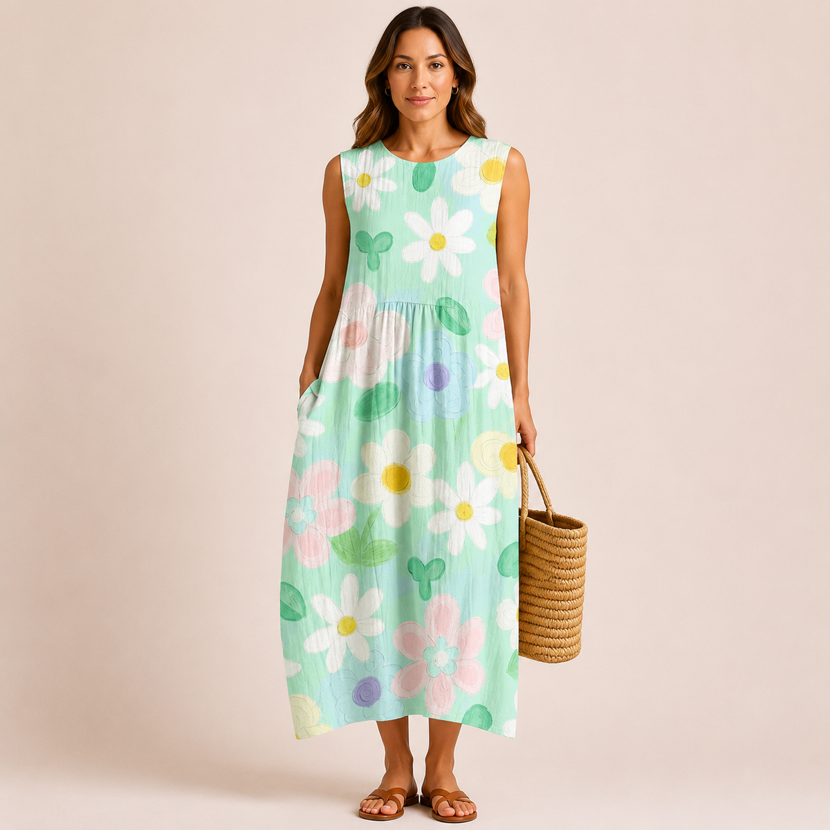 Vestido midi con flores pastel