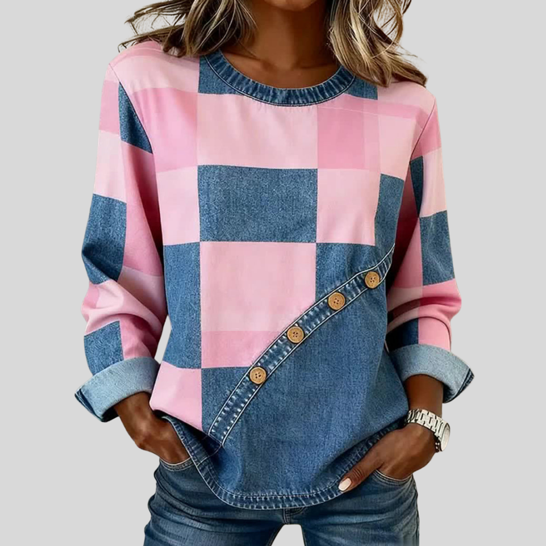Blusa de punto con cuadros y botones de contraste