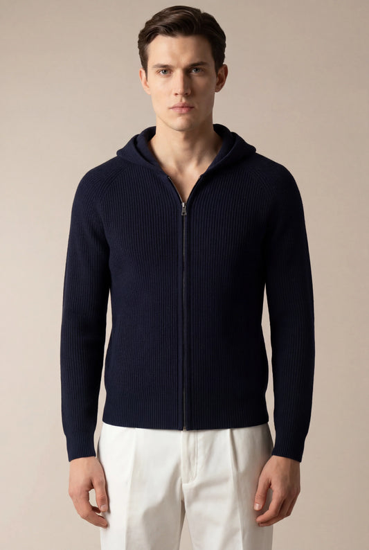 Siro Voyager Zip-Up Navy | Wool-Blend Hooded Zip-Up