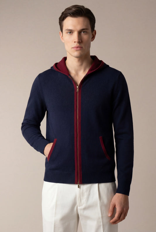 Santoni Hoodie Navy | Extrafine Zip-Up Knit Hoodie