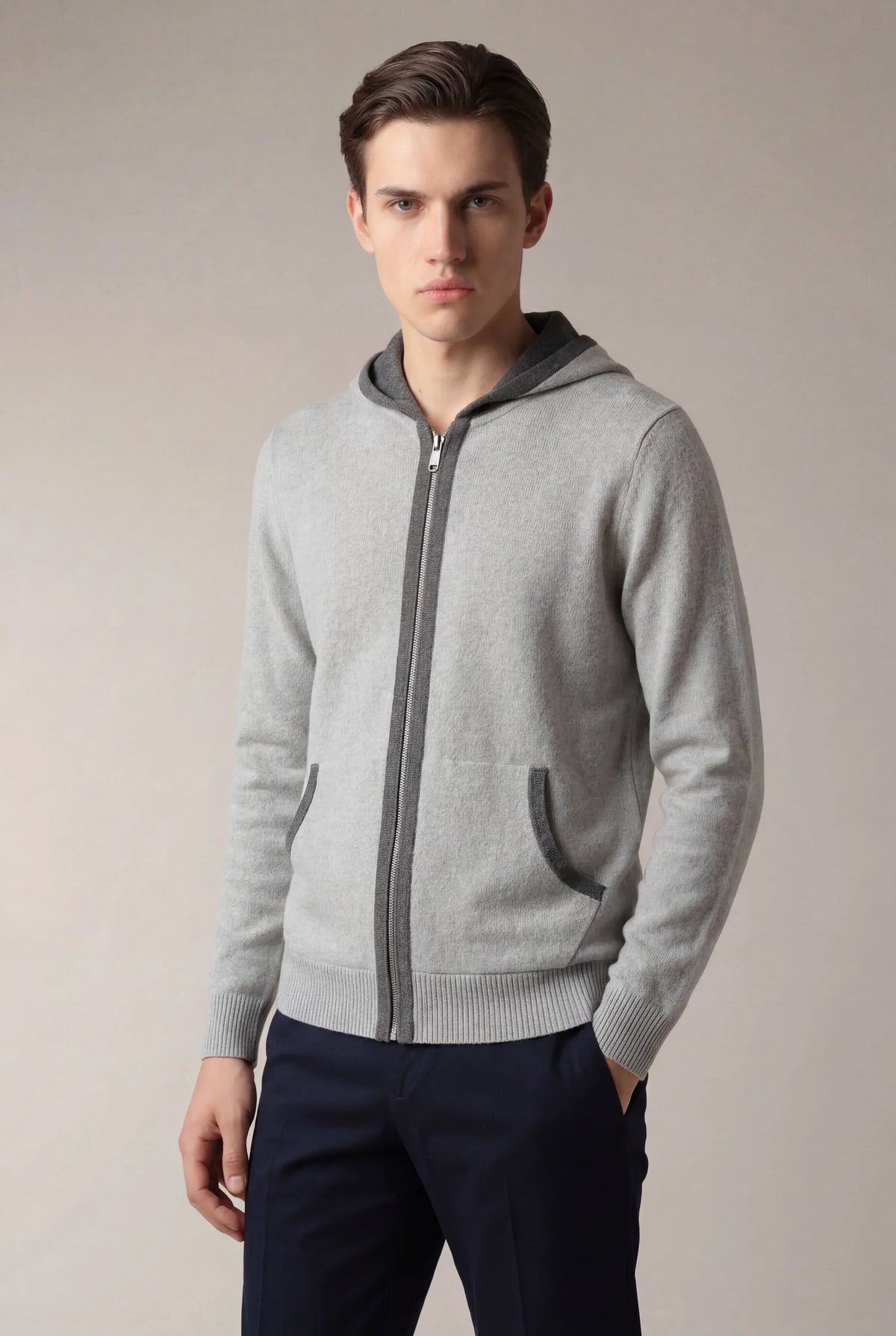 Santoni Hoodie Grey | Extrafine Zip-Up Knit Hoodie
