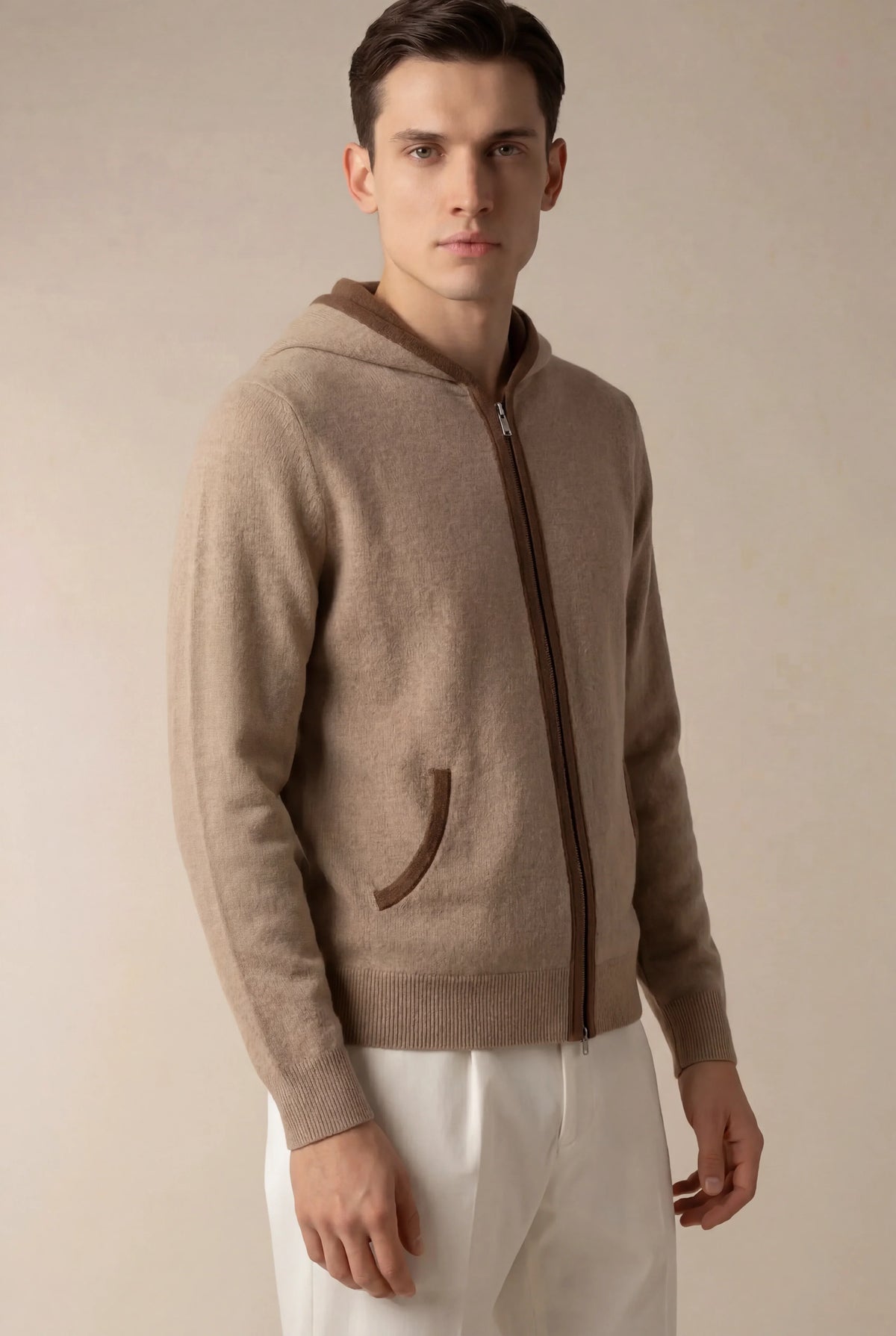 Santoni Hoodie Cream | Extrafine Zip-Up Knit Hoodie