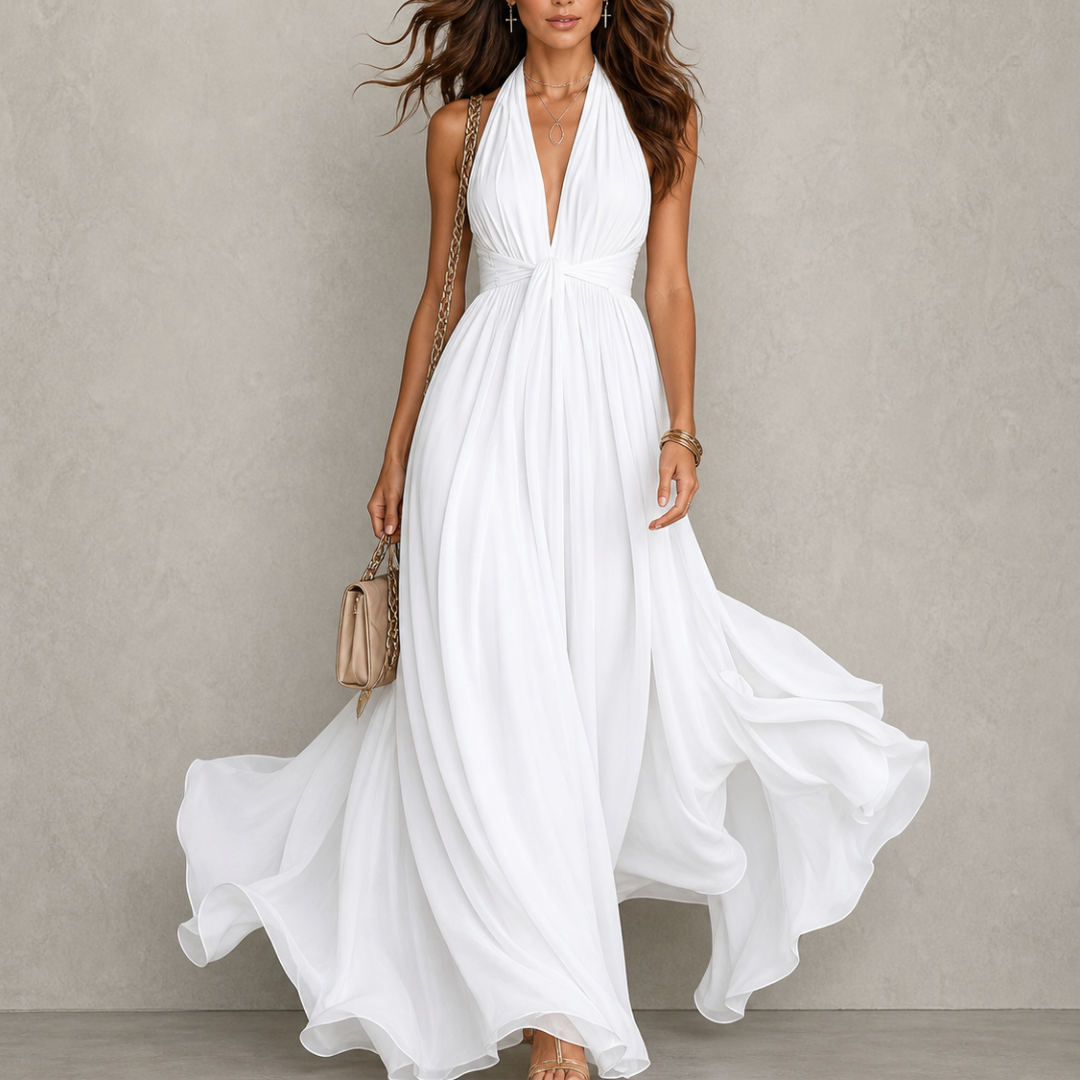 Vestido largo en gasa con escote halter