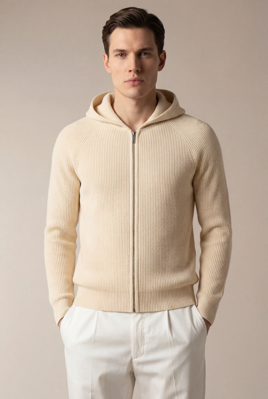 Siro Voyager Zip-Up Beige | Merino Hooded Zip-Up