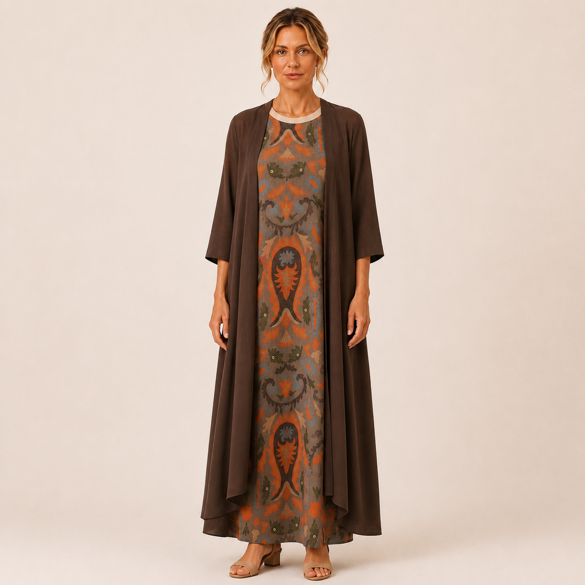 Conjunto de vestido largo y chaleco