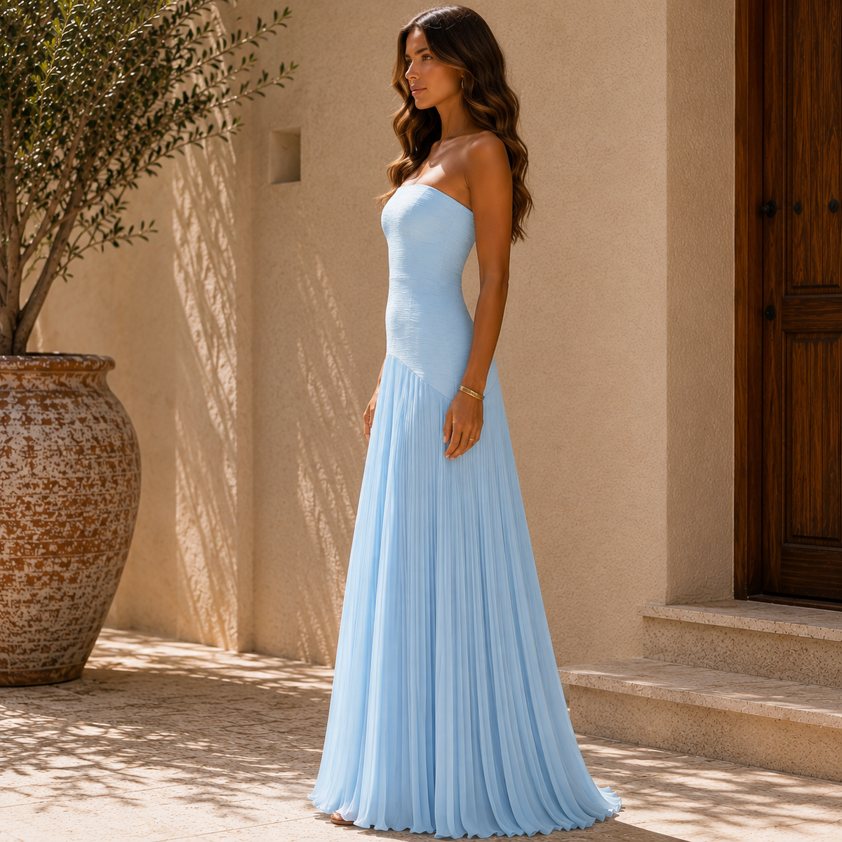 Vestido largo plisado sin tirantes