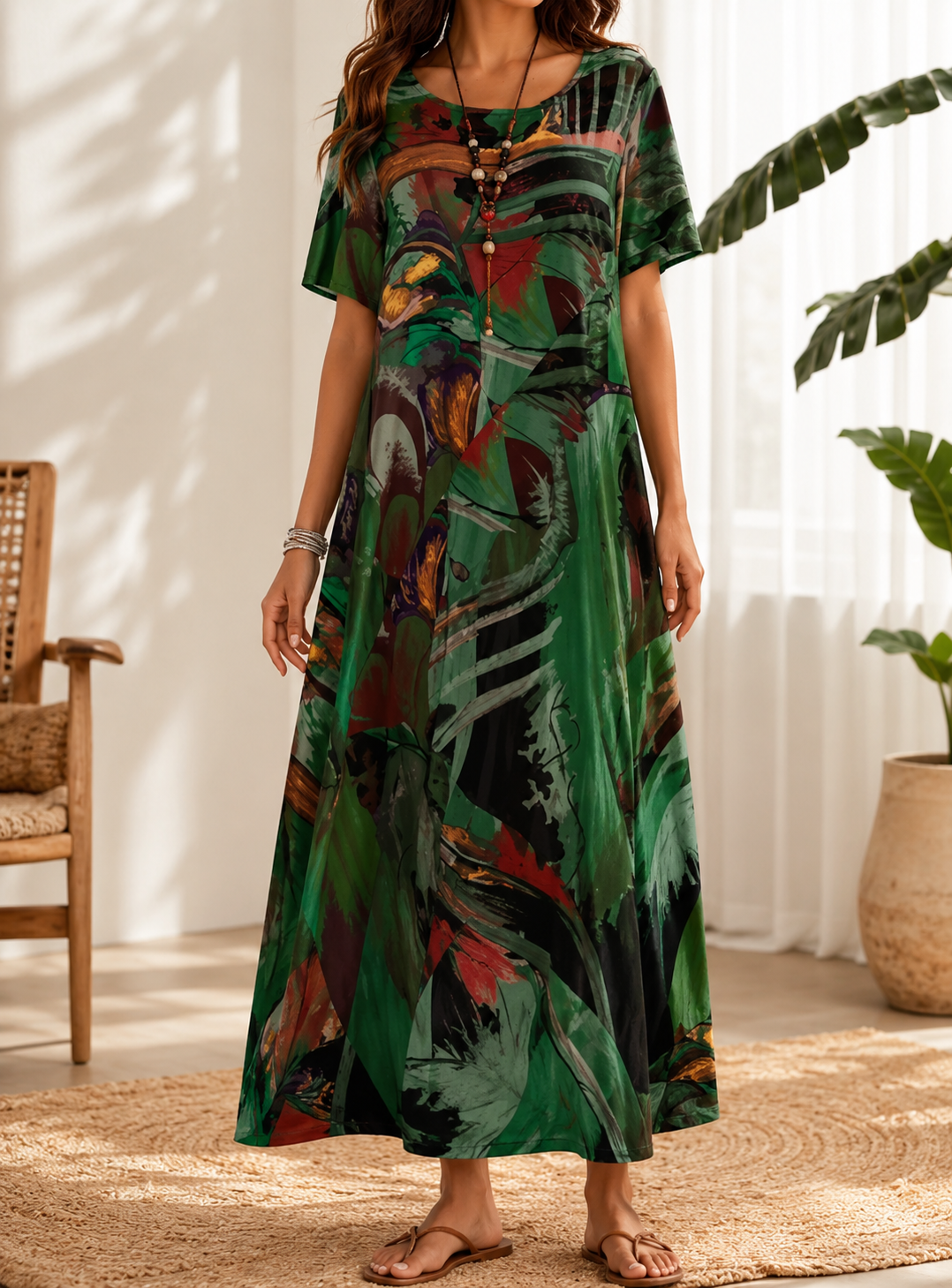 Vestido midi fluido con estampado abstracto