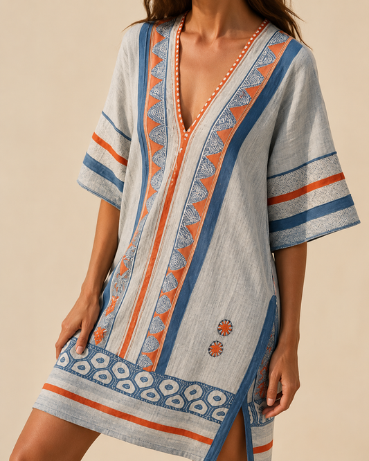 Vestido corto bordado azul y naranja