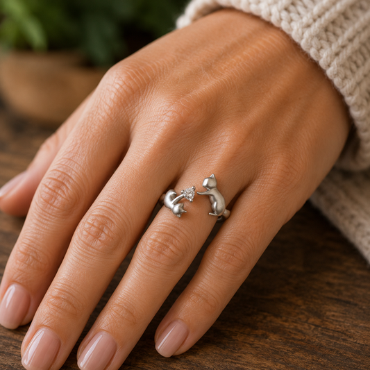 Anillo ajustable gato y zorro en plata