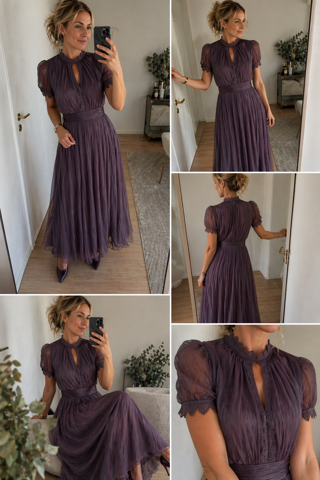 Vestido midi plisado con mangas abullonadas