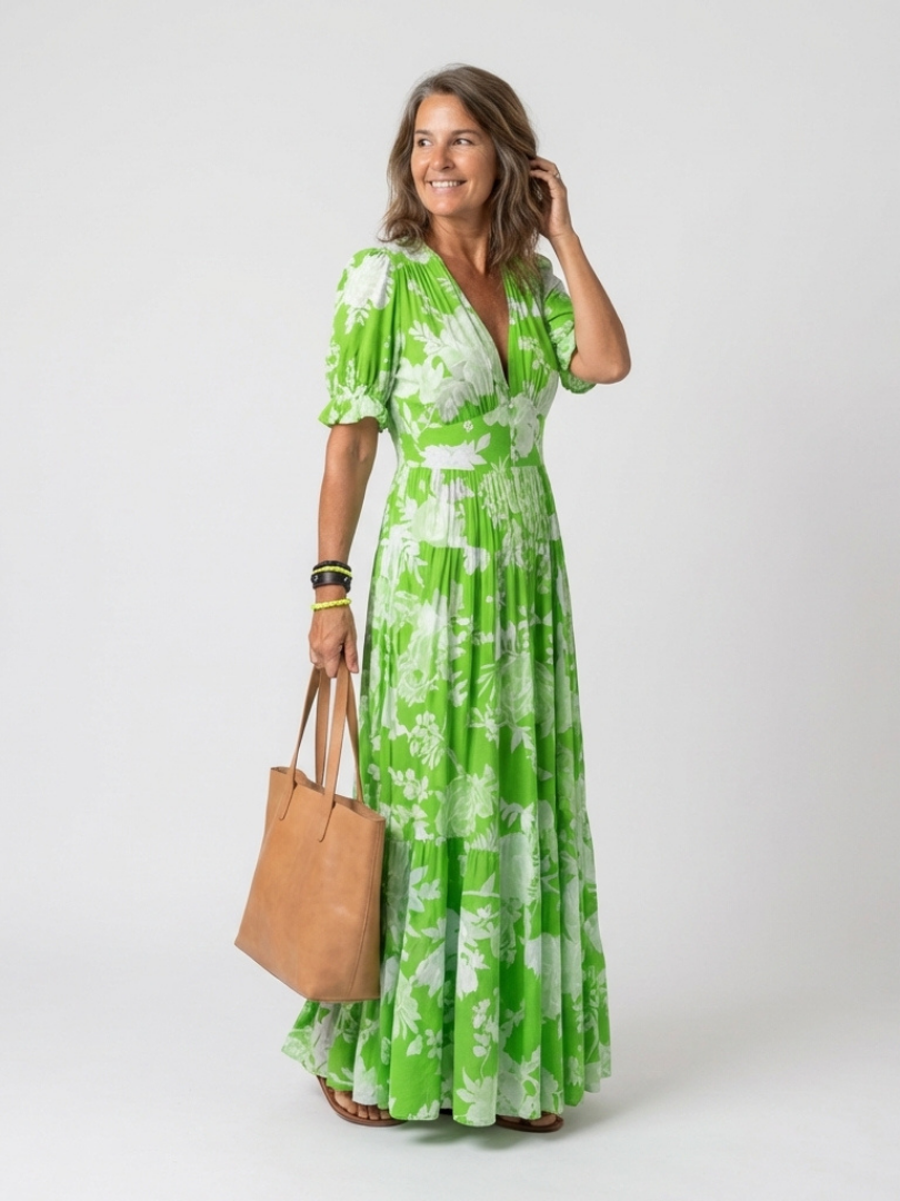 Vestido largo floral con escote en V