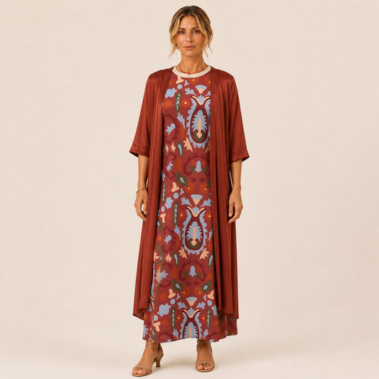 Conjunto de vestido largo y chaleco
