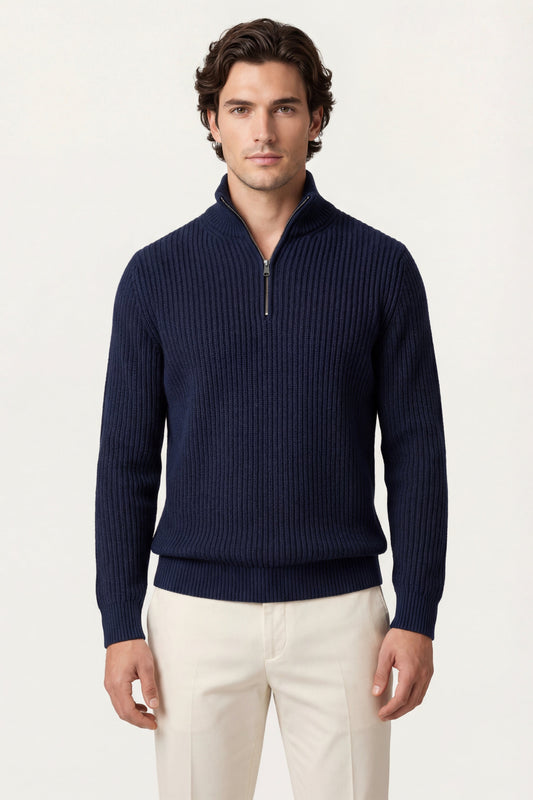 Sandron Zip Knit Navy | Ribbed Zip-Up Knit