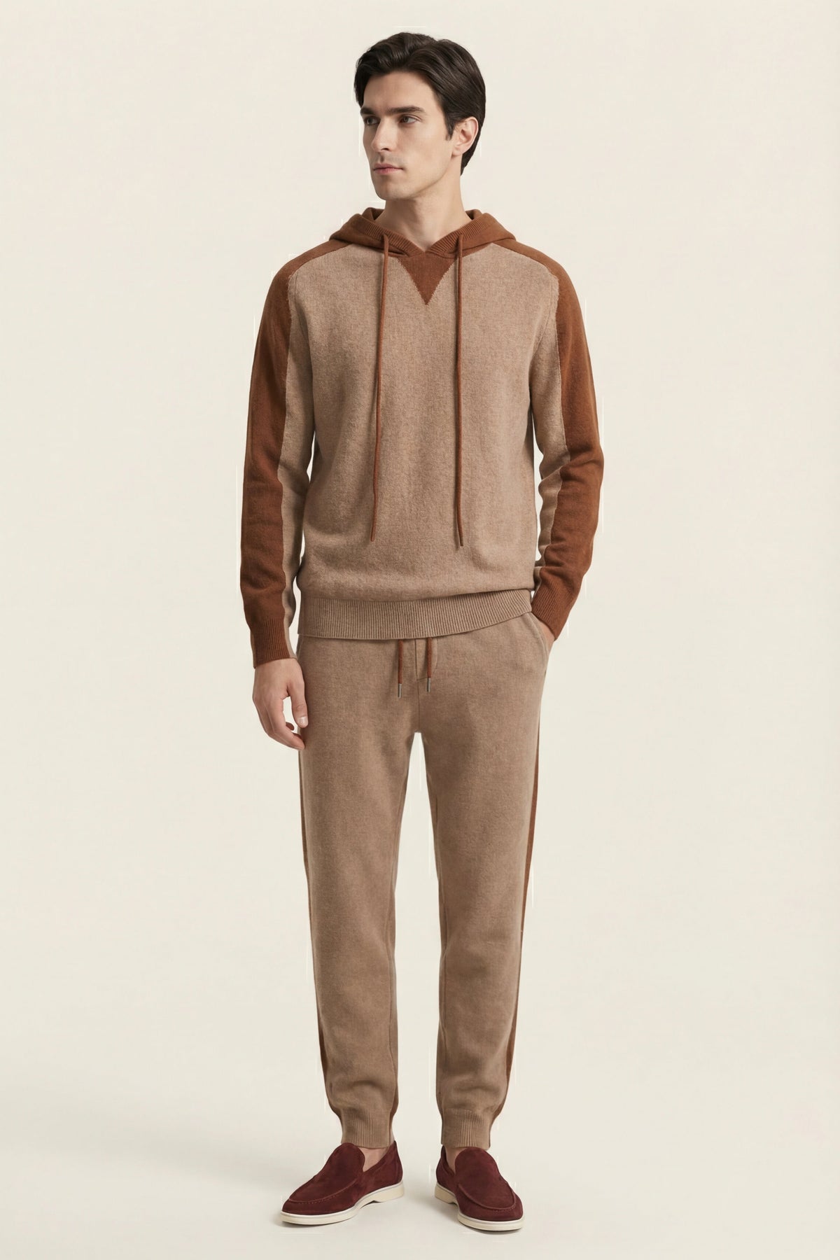 Jacquard Signature Set Beige | Hooded Knit Tracksuit