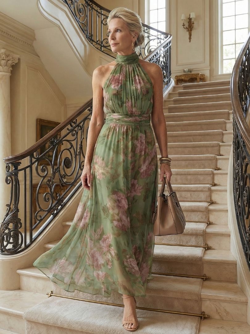 Vestido midi floral con escote halter