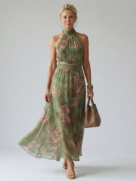 Vestido midi floral con escote halter