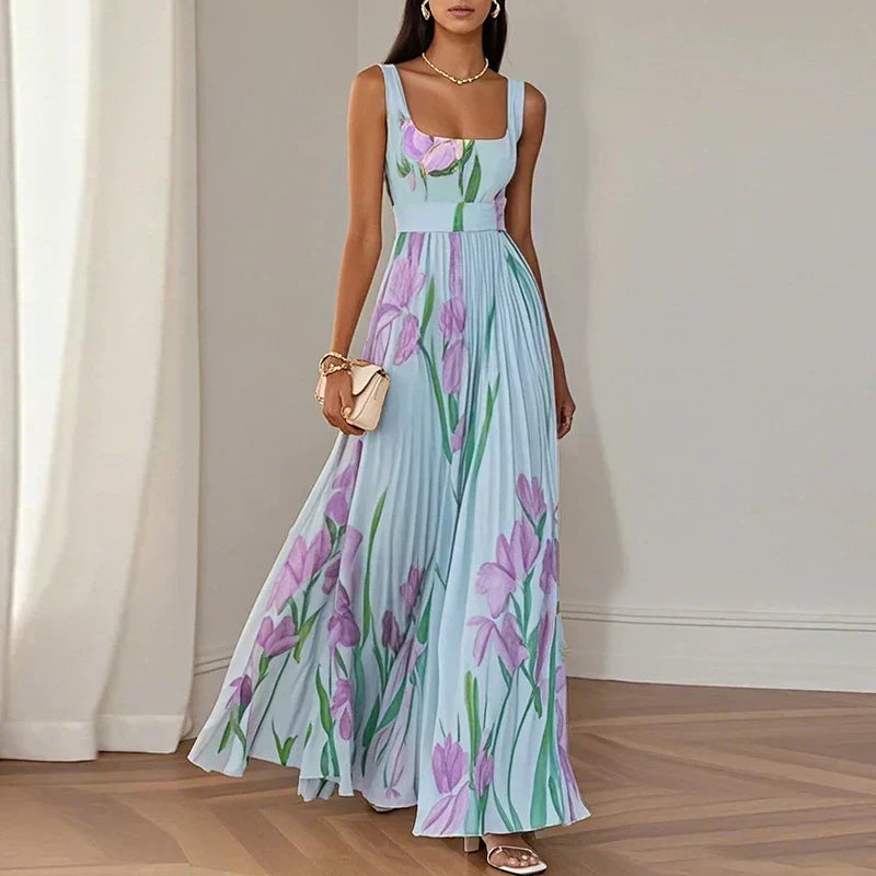Vestido largo plisado con estampado floral