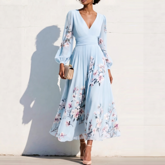 Vestido midi con mangas abullonadas y flores