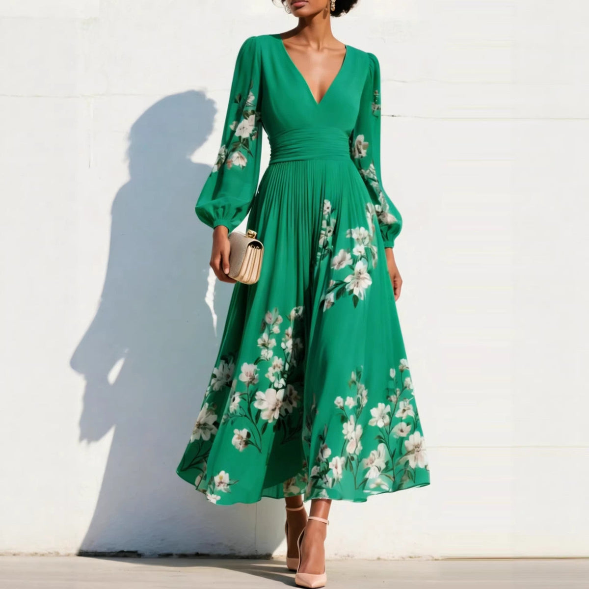 Vestido midi con mangas abullonadas y flores