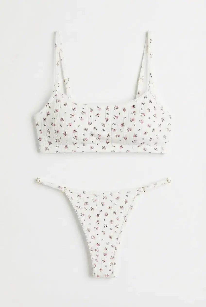 Sweet Blossom | Cotton Pointelle Set with Slim Thong