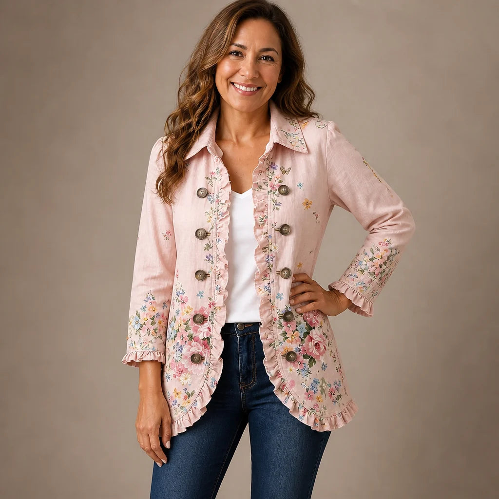 Chaqueta floral con volantes y botones