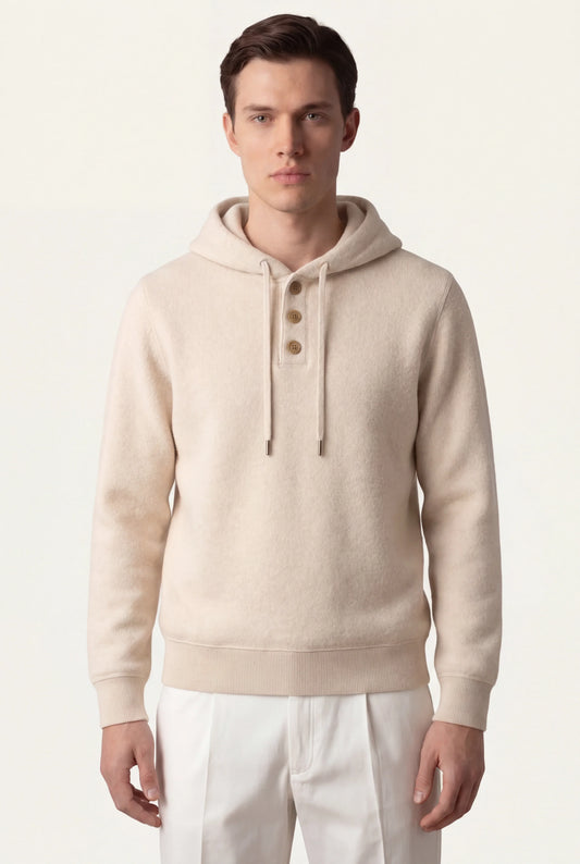 Noro City Sweater Beige | Hooded Knit with Button Placket