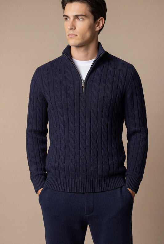 Sero Zip Knit Navy | Cable-Knit Merino Sweater