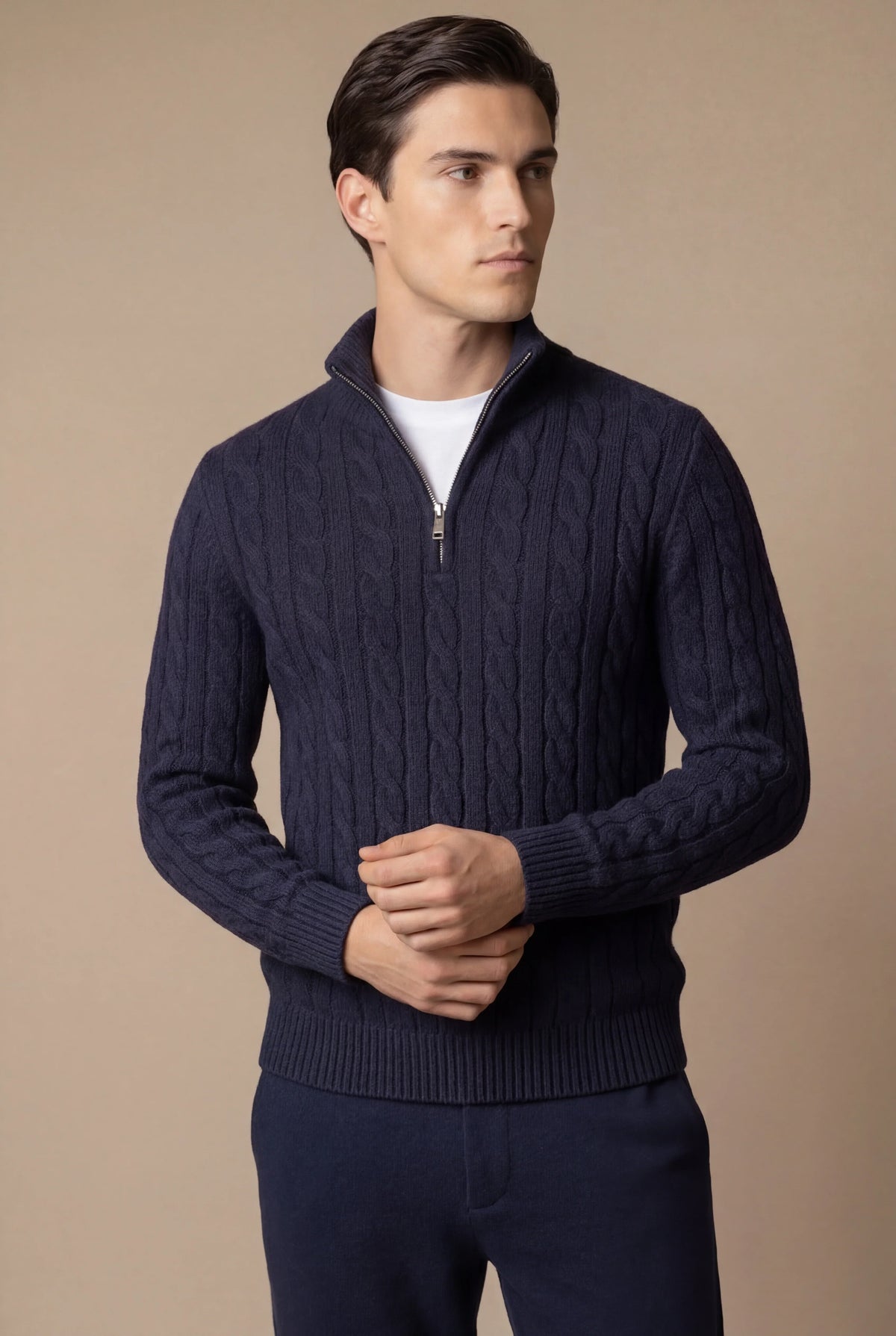 Sero Zip Knit Navy | Cable-Knit Merino Sweater