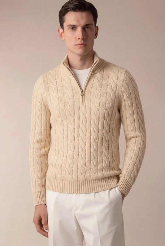 Sero Zip Knit Beige | Cable-Knit Merino Sweater