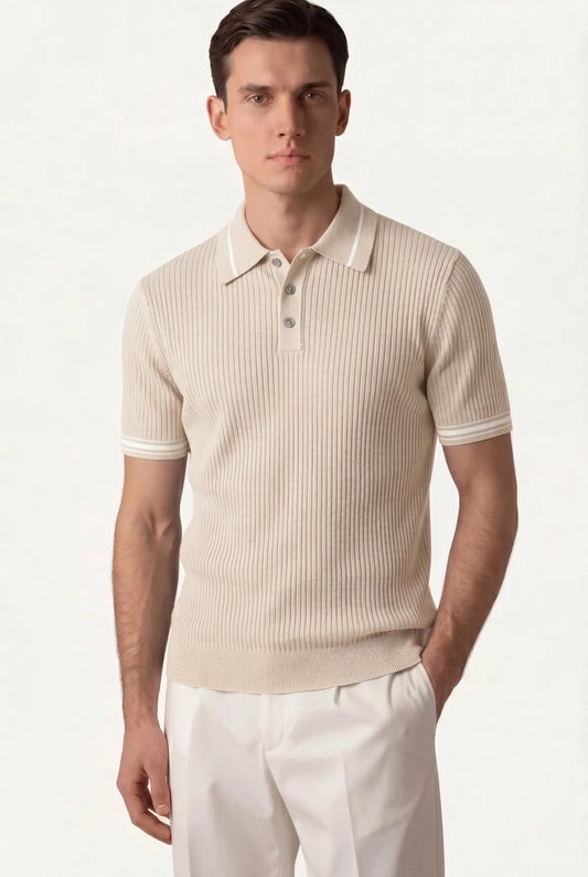 Abricot Mercurial Polo | Knit Polo with Striped Sleeves