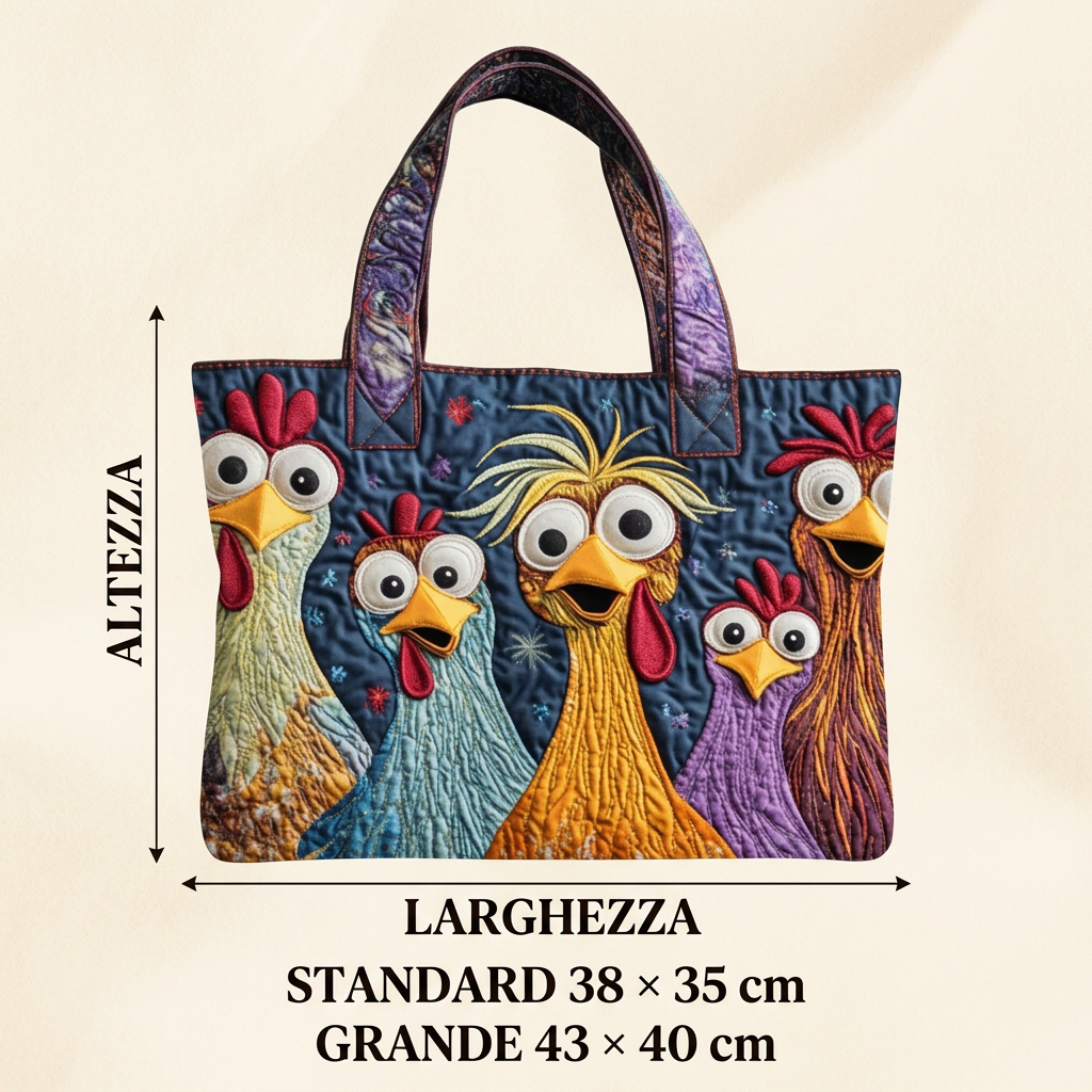 Bolso acolchado con cinco gallinas de colores