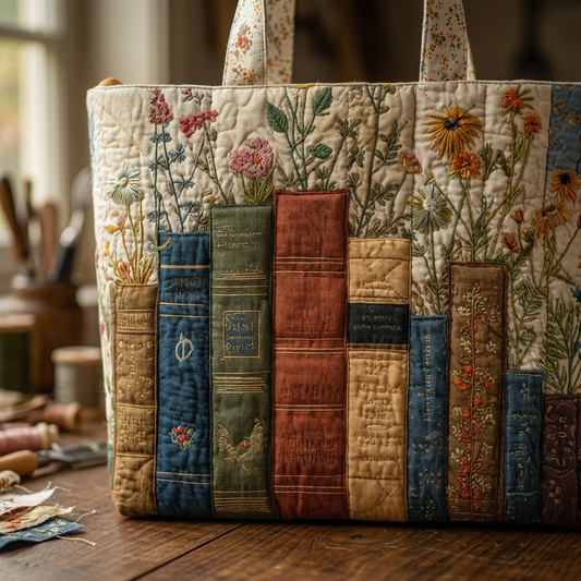 Bolso acolchado con estampado de libros y flores