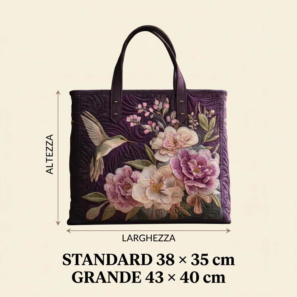 Bolso trapuntado con colibrí y orquídeas