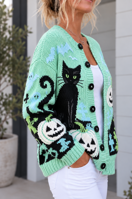 Cárdigan tejido con gato negro y calabazas