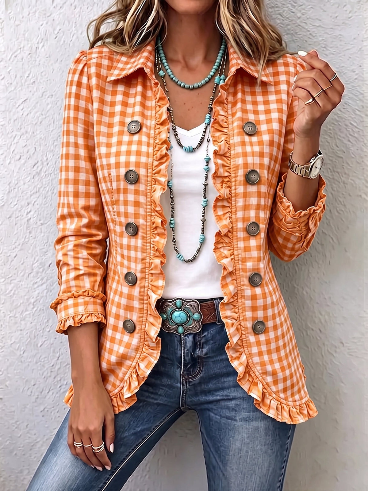 Chaqueta de cuadros vichy con volantes