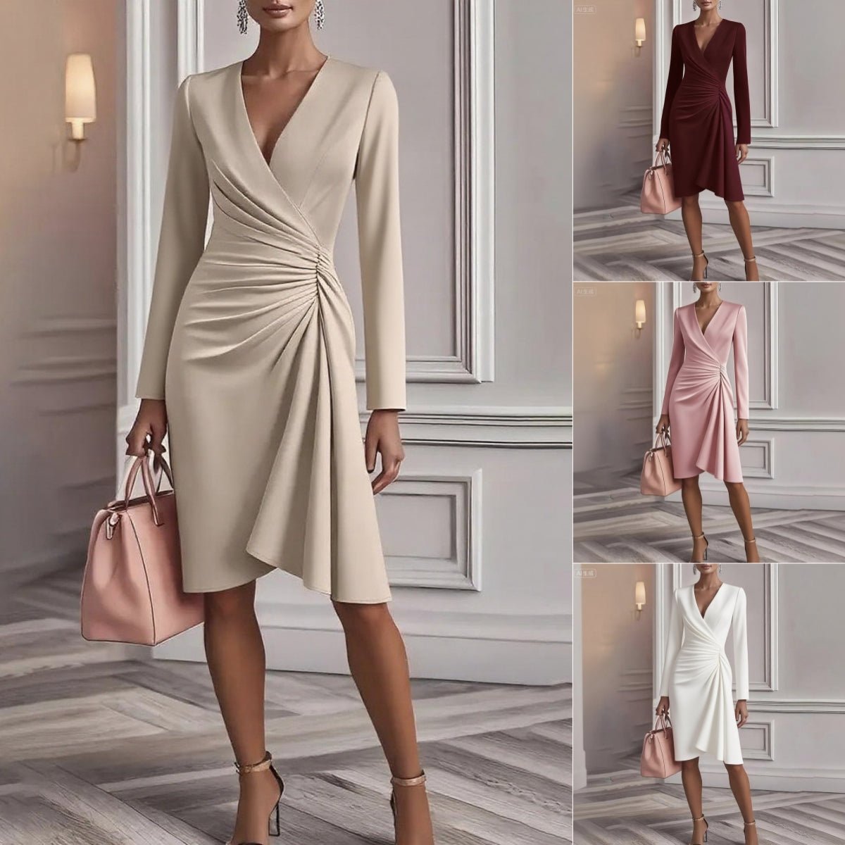 Vestido midi drapeado con escote en V
