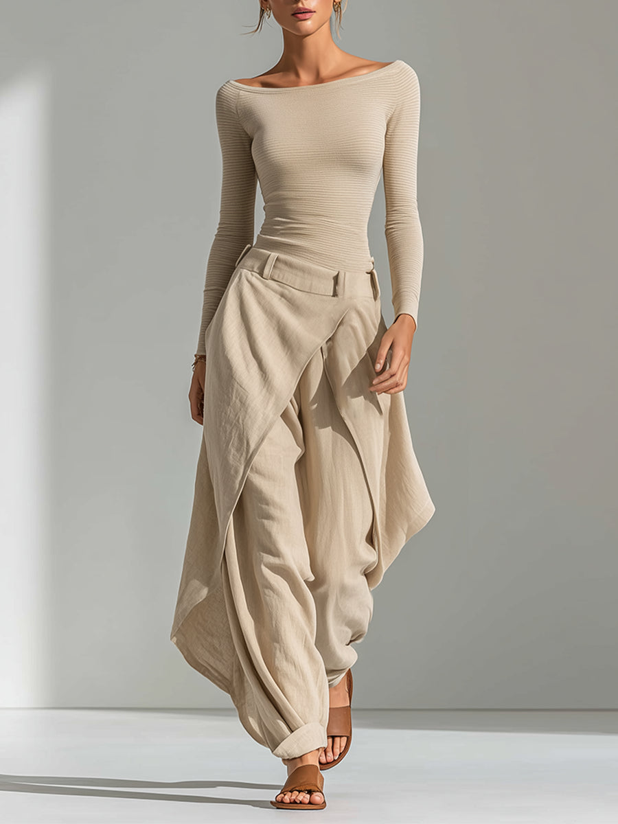 Conjunto de top con cuello barco y pantalón ancho