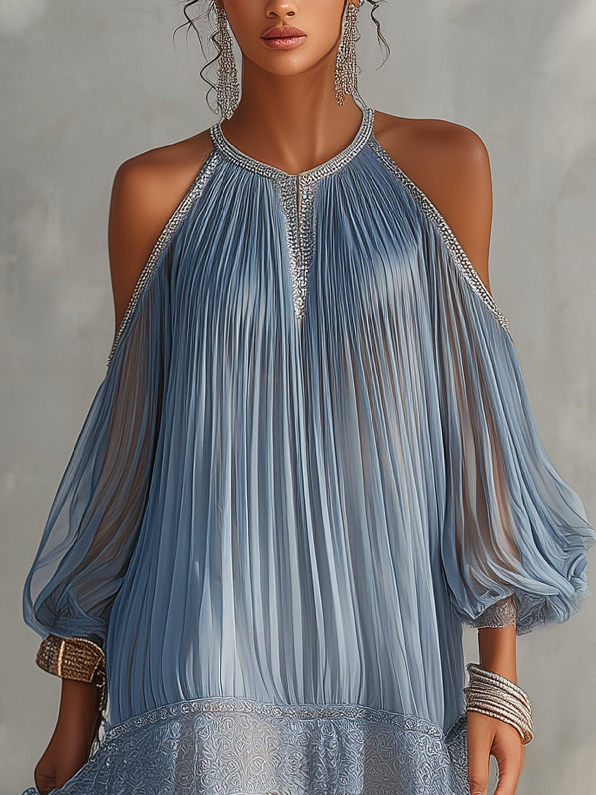 Vestido corto azul de hombros descubiertos con encaje