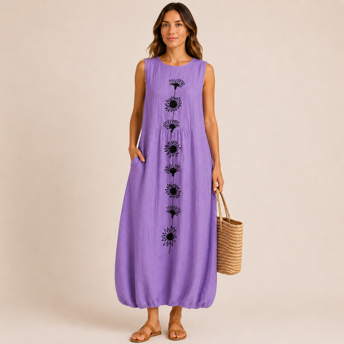 Vestido midi con flores violeta