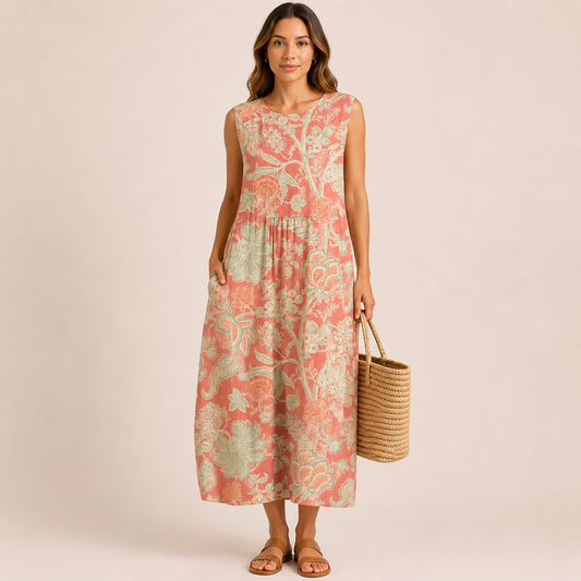 Vestido midi con estampado floral coral