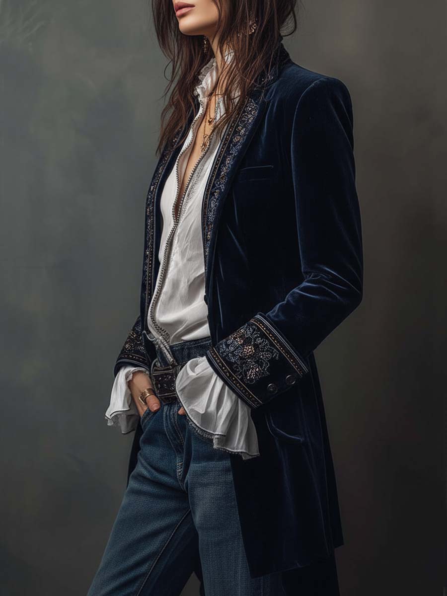 Chaqueta larga con bordado ornamental