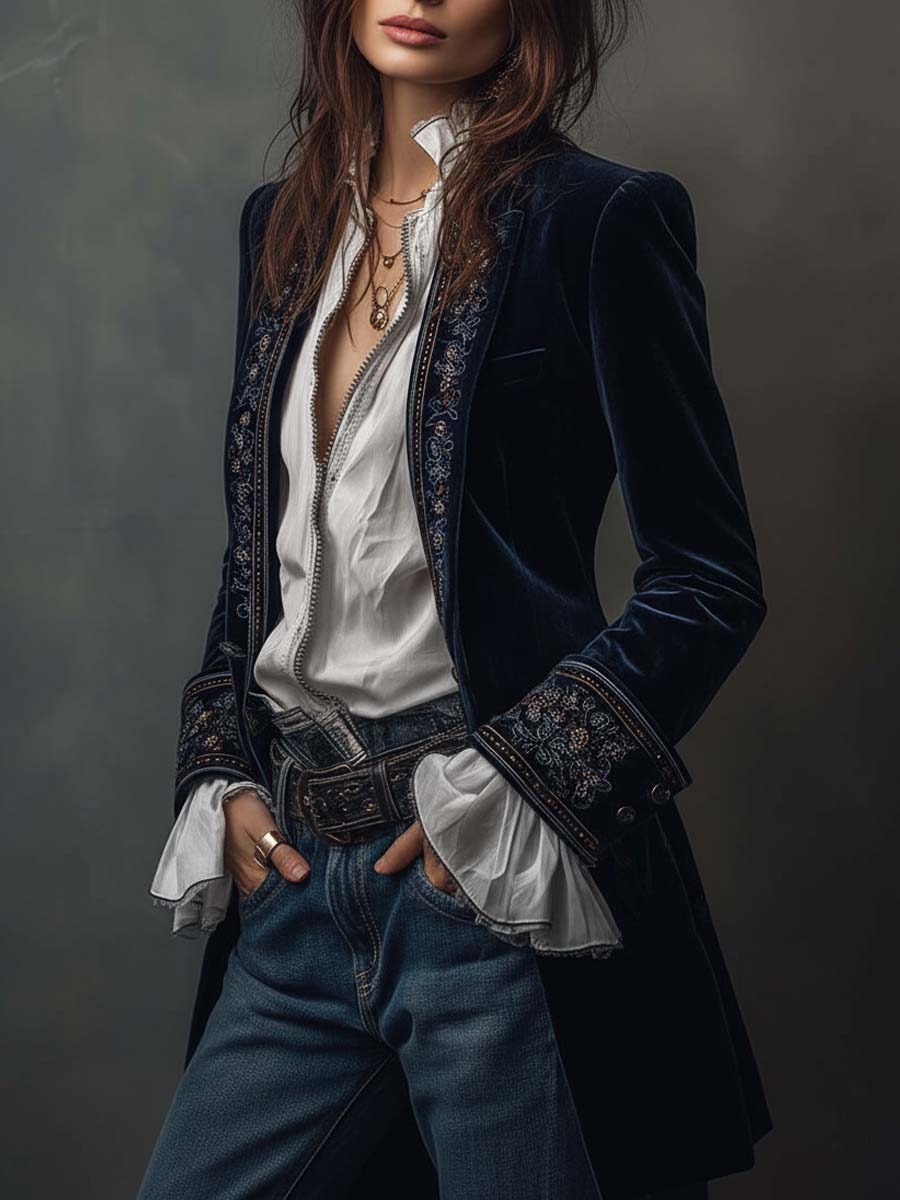 Chaqueta larga con bordado ornamental