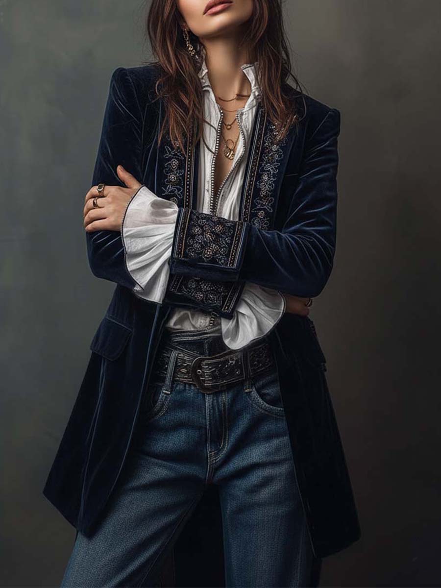 Chaqueta larga con bordado ornamental