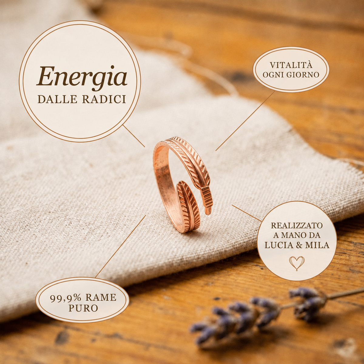 Anillo de cobre forjado ajustable