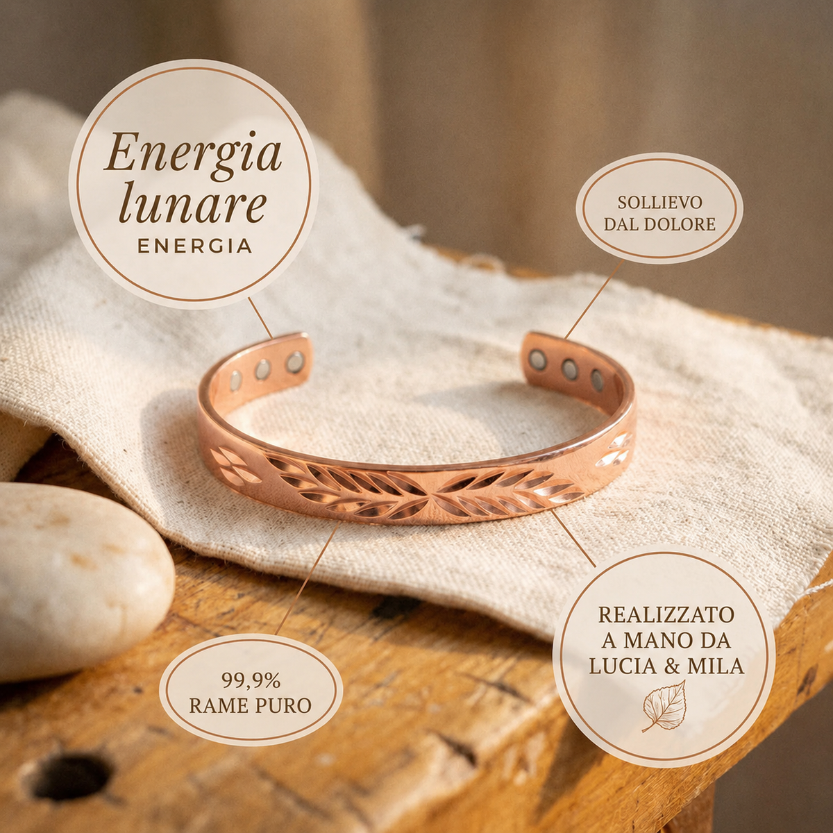 Brazalete de cobre martillado con magnete