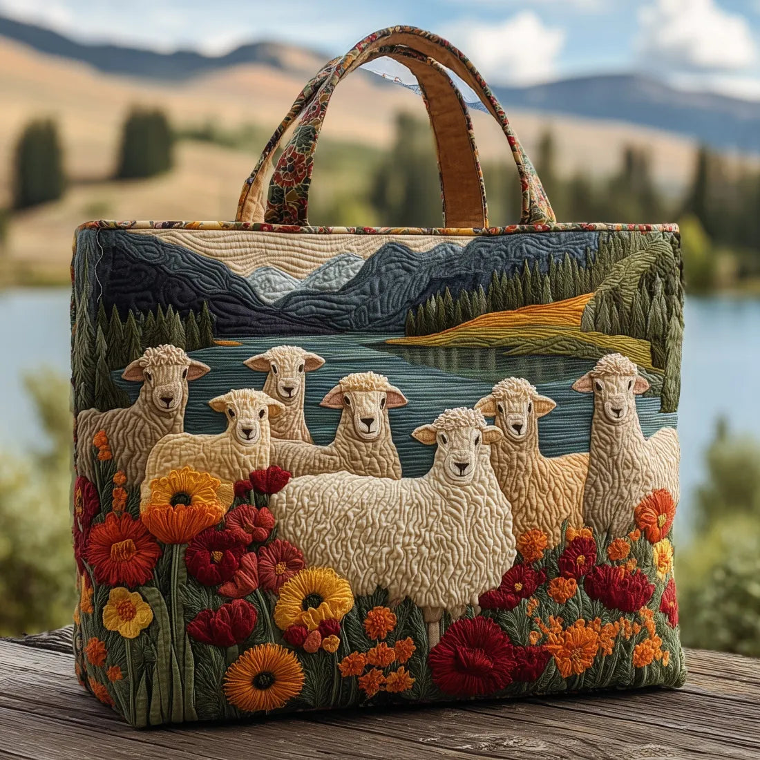 Bolso acolchado con ovejas al lago